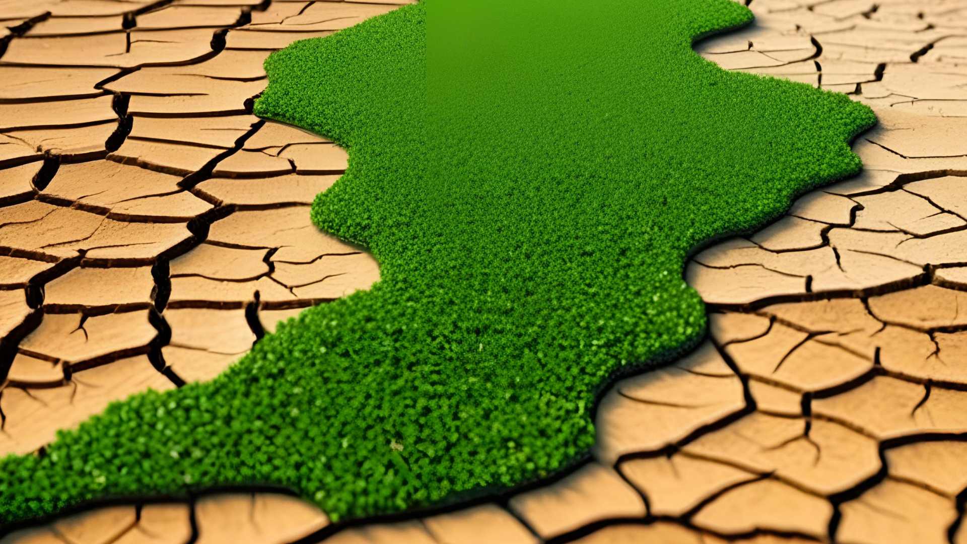 Green hydrogel shape spreading across cracked dry ground