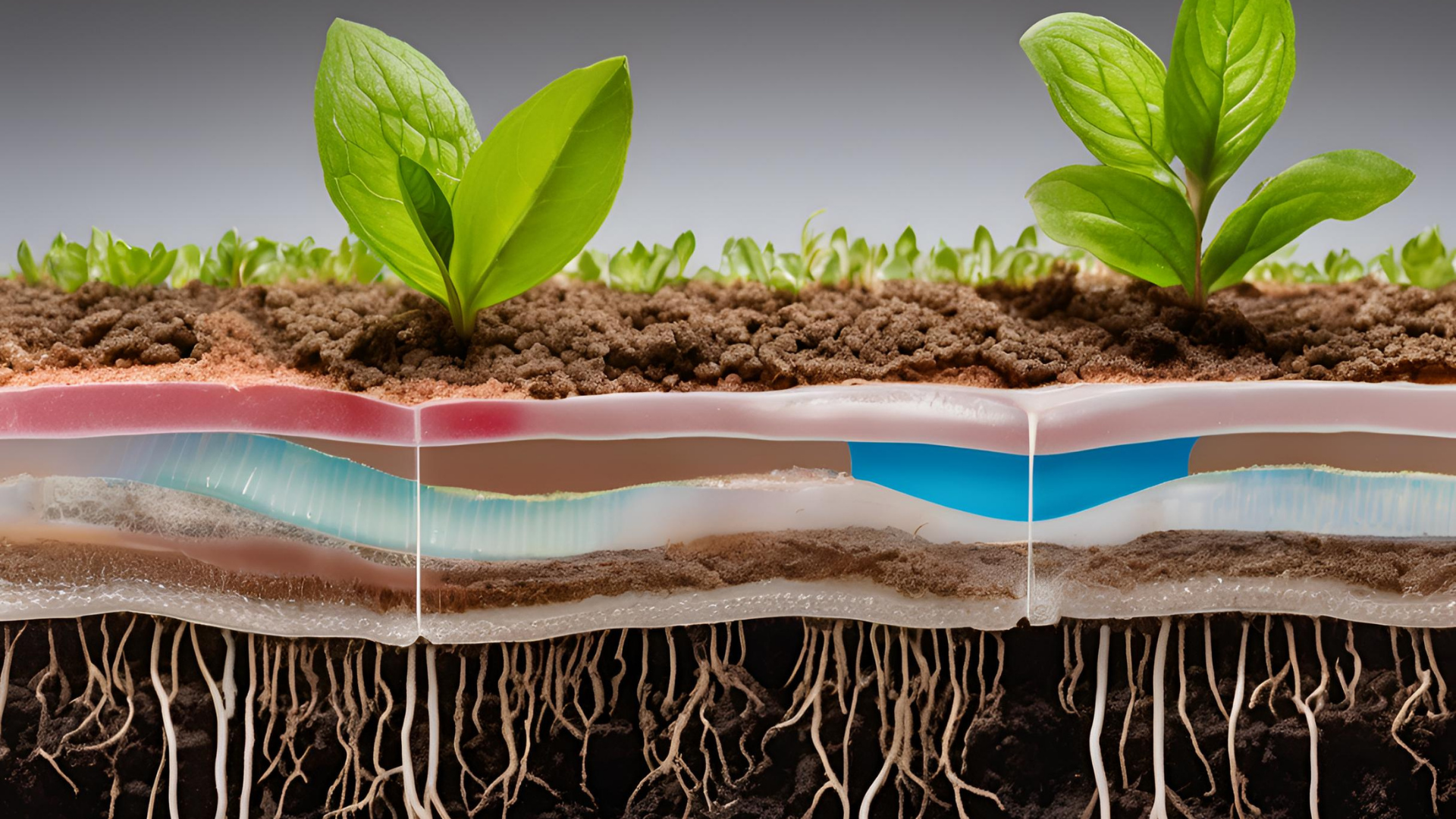 Cross-section showing plant roots above a hydrogel-like reservoir layer
