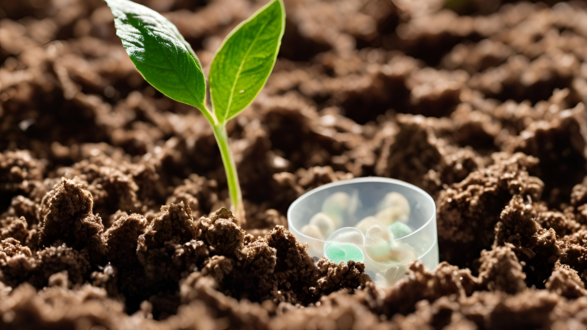 Seedling in soil next to small hydrogel pods