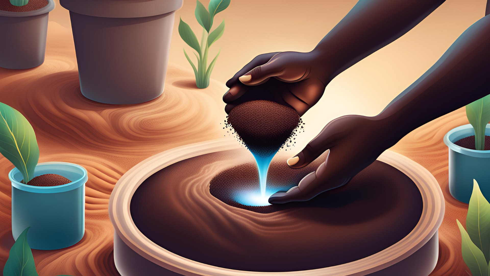 Hands introducing glowing material into a soil system