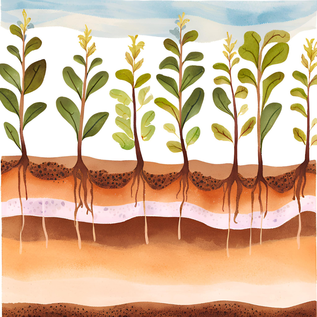 Illustrated plant roots across layered soil