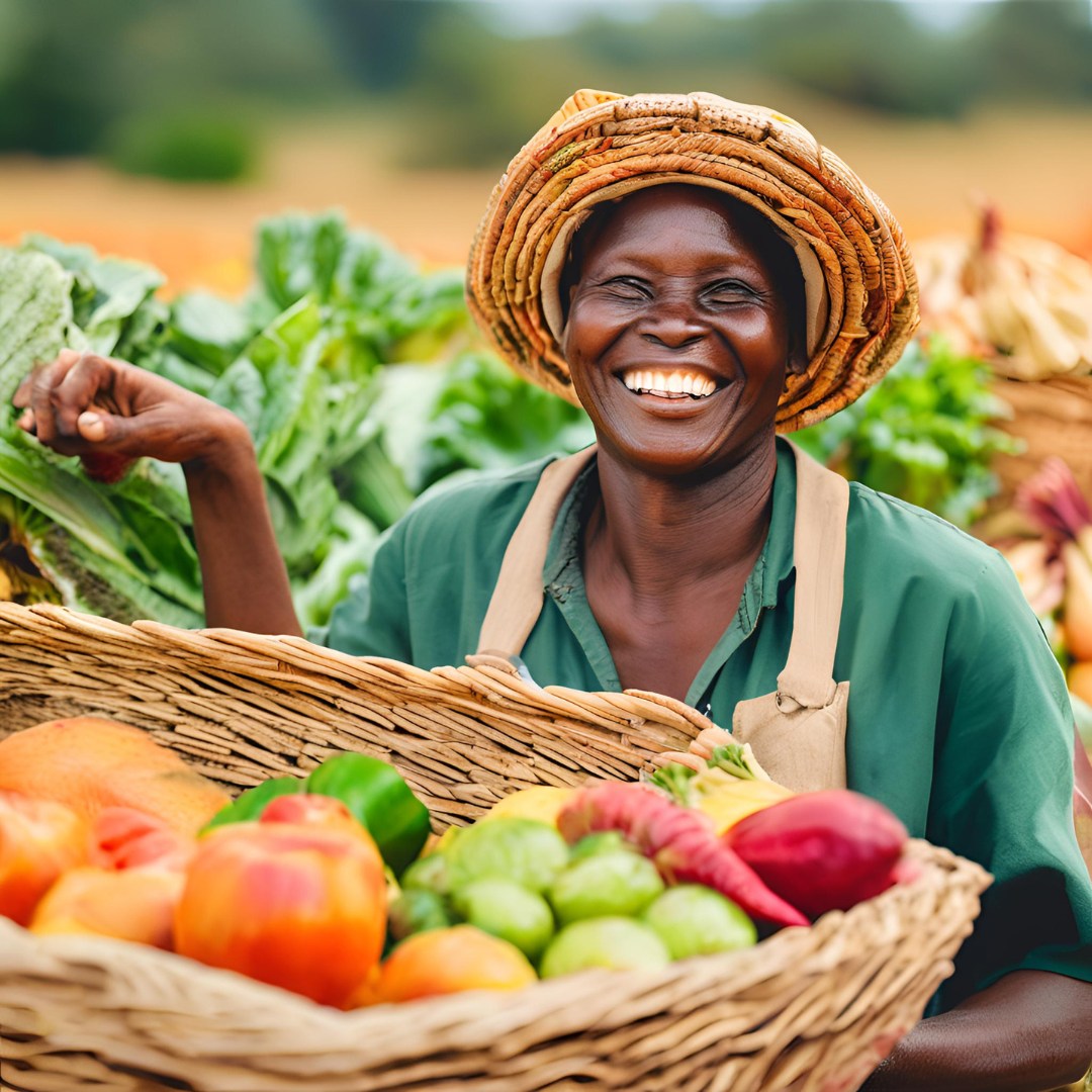 Farmer smiling with baskets of produce