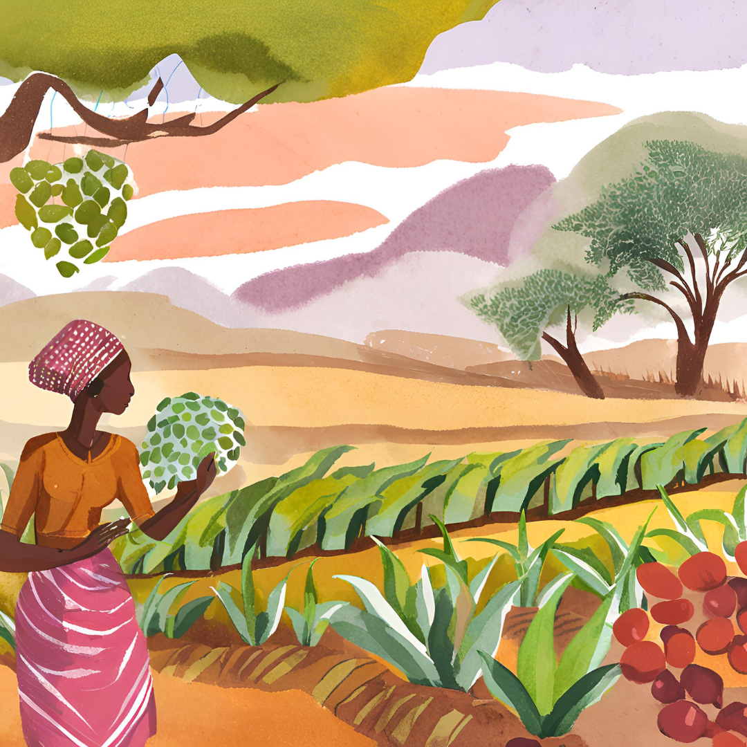 Illustrated farmer standing in cultivated rows