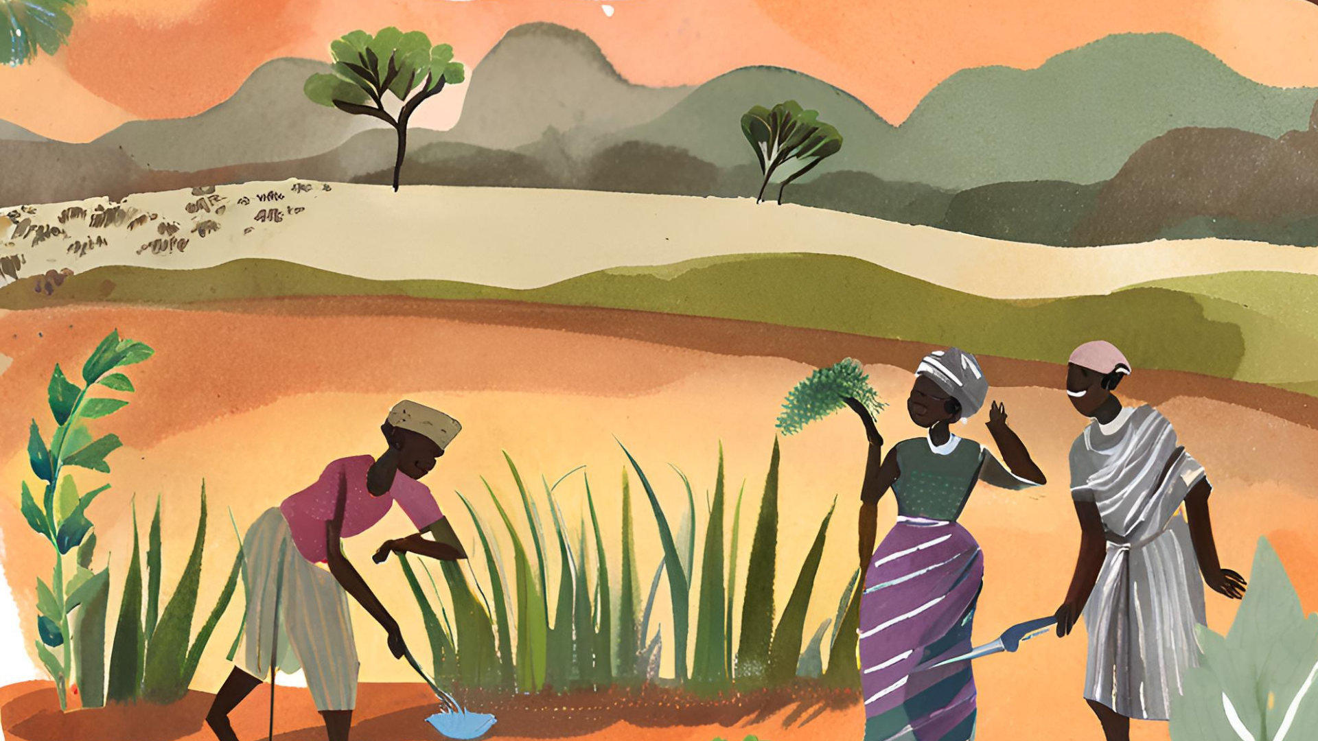 Illustrated farmers working a field