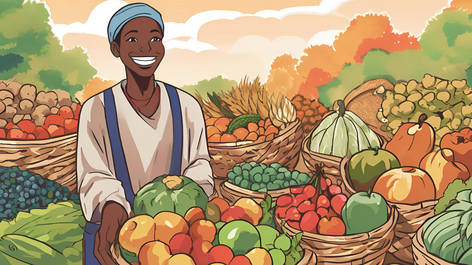 Illustrated produce market scene