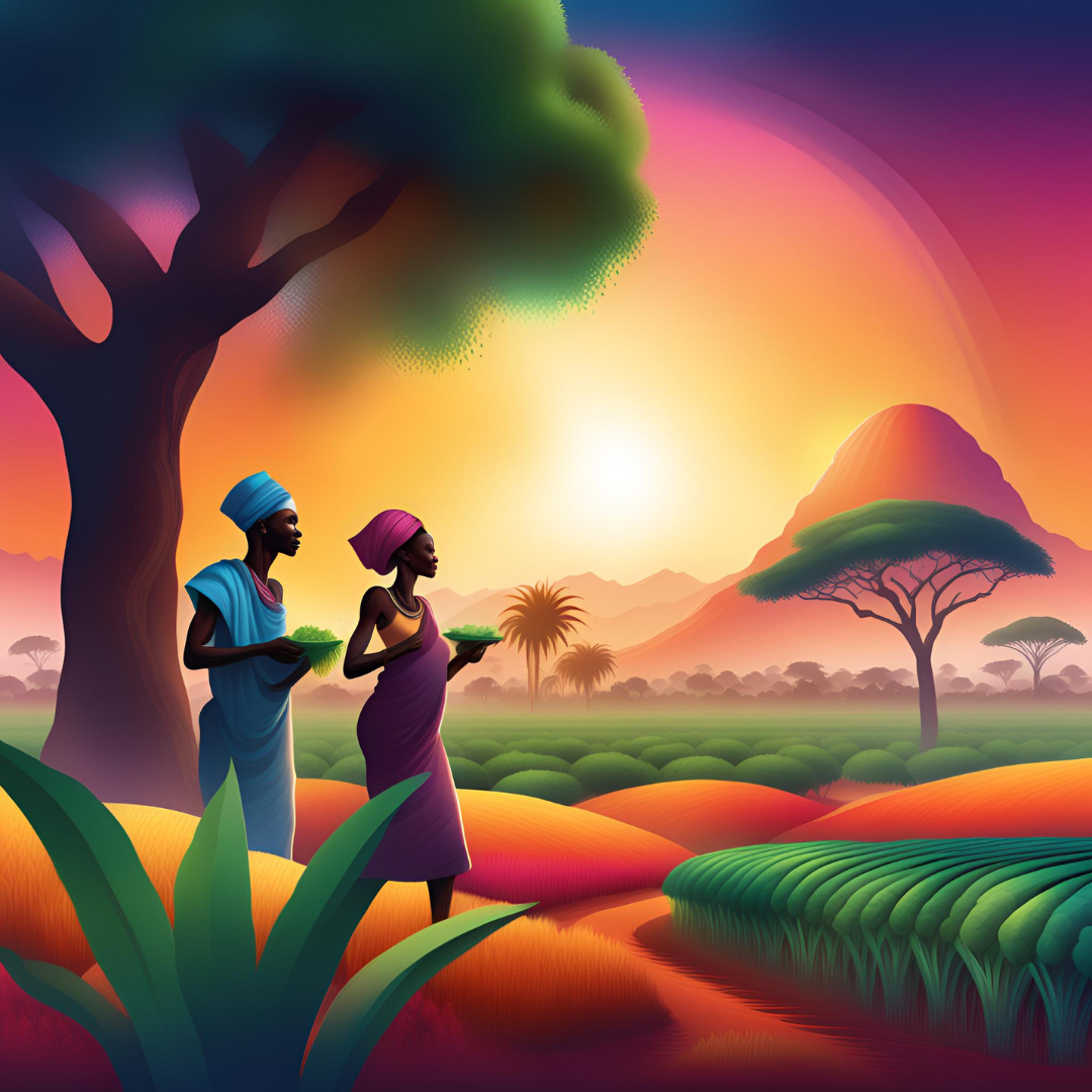 Illustrated figures walking through a cultivated landscape