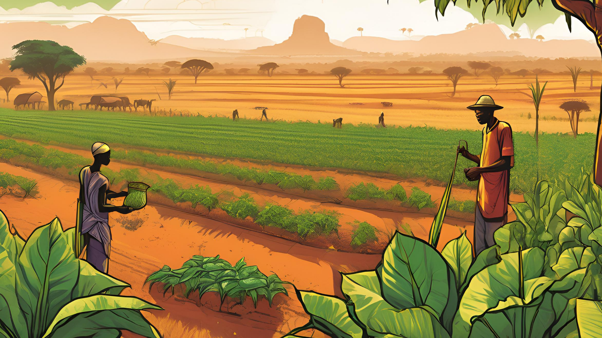 Panoramic agricultural landscape at sunset