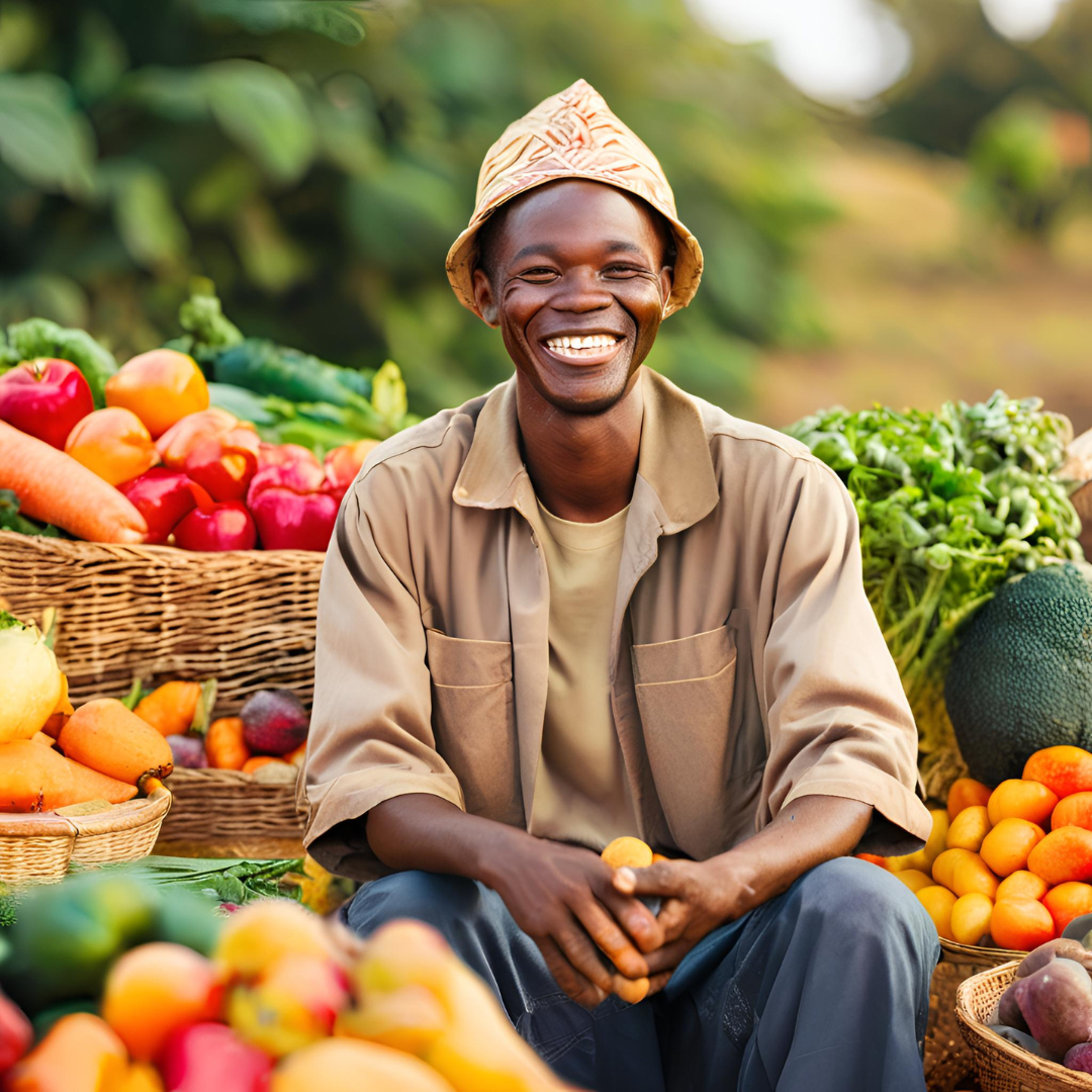 Smiling figure surrounded by produce at a market