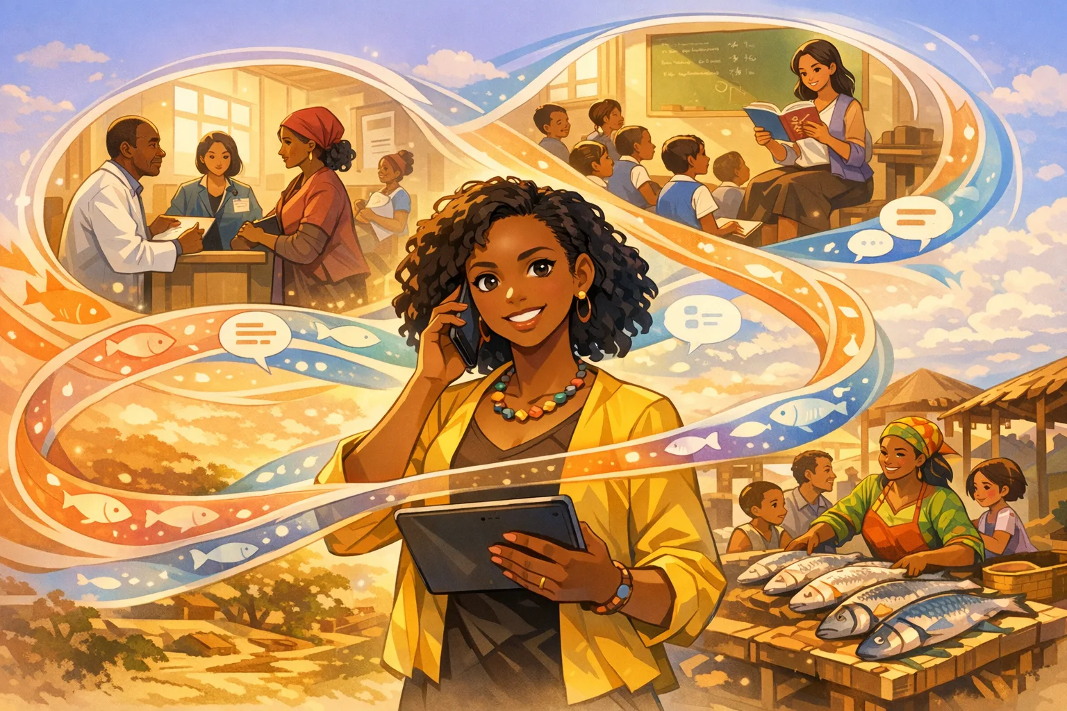 Anime-style ThankFish hero illustration showing a translator connecting clinic, school, and market communities across languages.