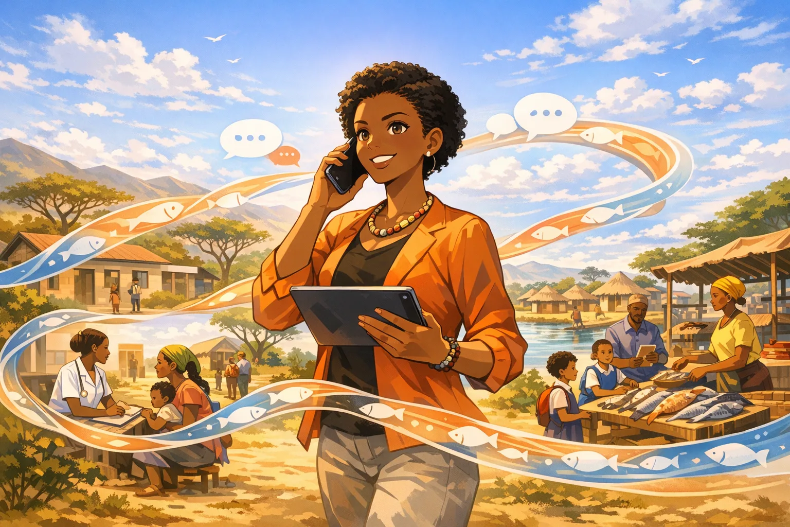 Anime-style ThankFish hero illustration showing a translator connecting clinic, school, and market communities across languages.