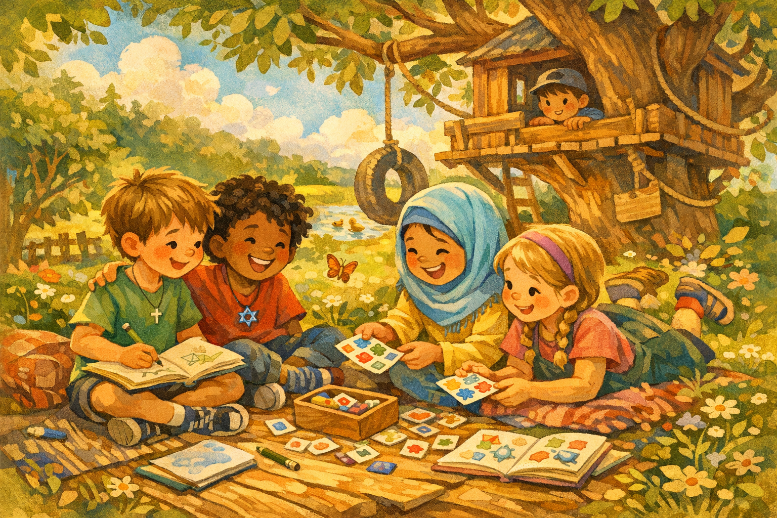 Original illustration of Christian, Jewish, and Muslim children enjoying friendship together outdoors in The Children's Internet.